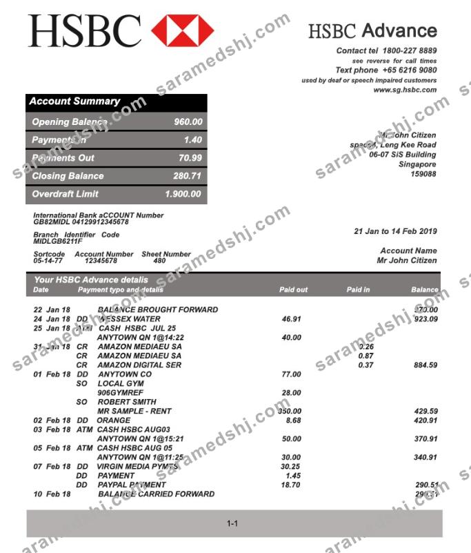 Singapore HSBC bank statement template fully editable in PSD format